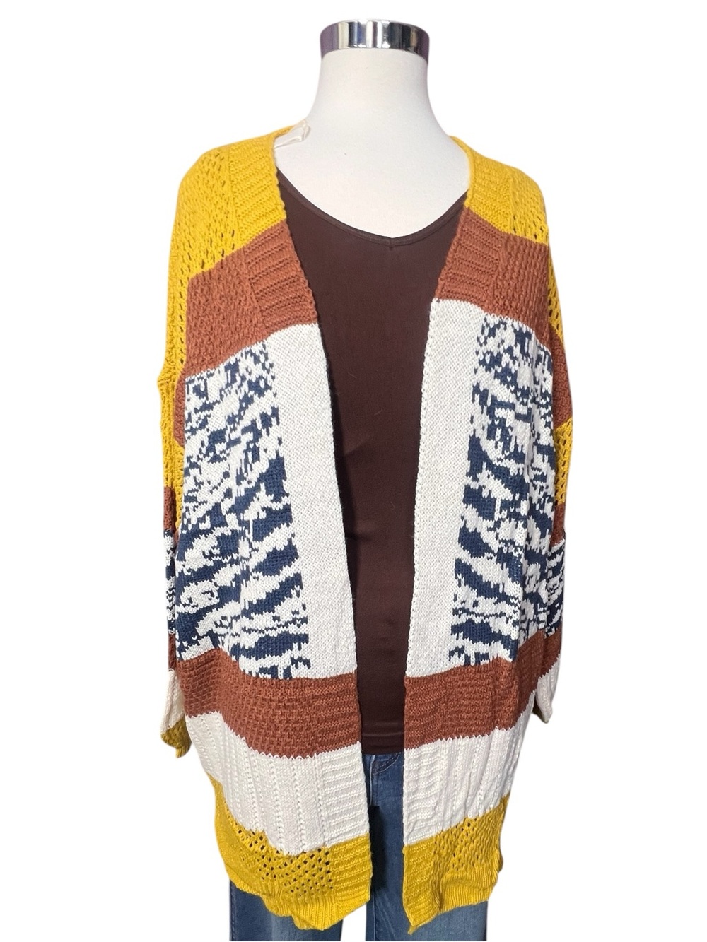 Umgee Fall Mustard Brown Navy Ivory Long Sleeve knit Cardigan